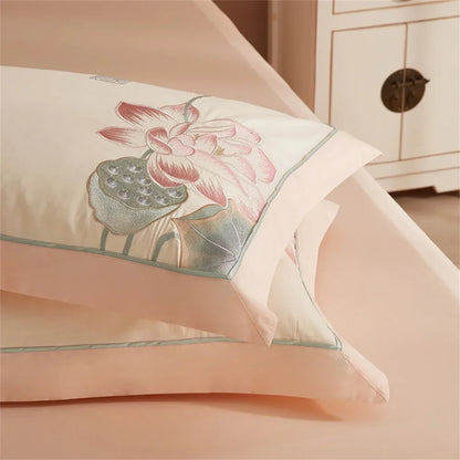 Decobites Pink Satin Jacquard Lotus Duvet Set 4Pcs Queen King Bedlinens