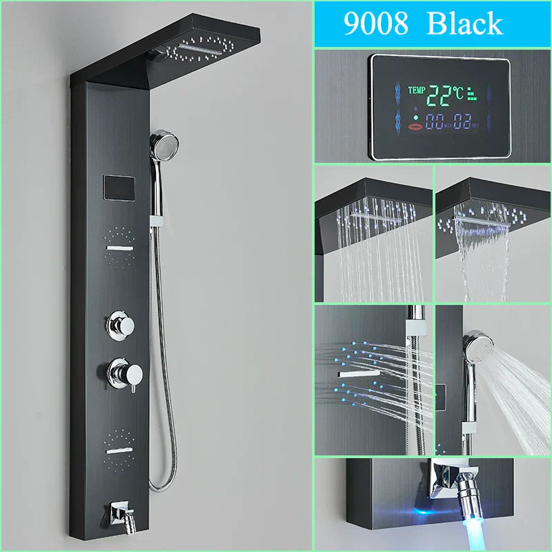 DecorBites™ LED Shower Panel Column Faucet with Rainfall Waterfall, Back Jet, Mixer Tap