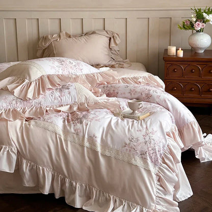 Decobites Vintage French Pastoral Lace Ruffles Bedding Set: Duvet Cover, Bed Sheet, 2 Pillowcases