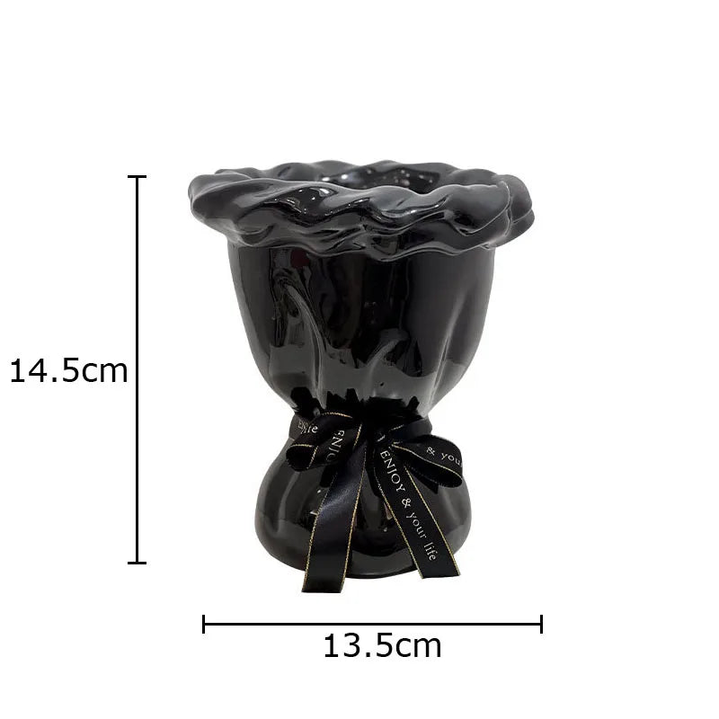 DecorBites™ Ceramic Vase with Artificial Flowers Bouquet for Desk and Room Decoration
