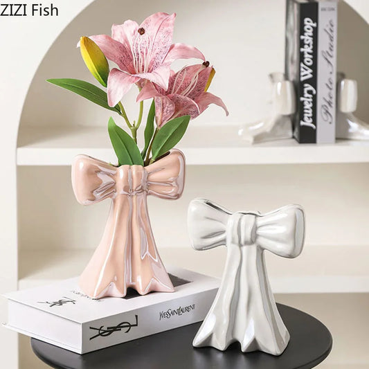 DecorBites™ Bowknot Ceramic Vase: Shiny Porcelain Floral Decor for Aesthetic Rooms