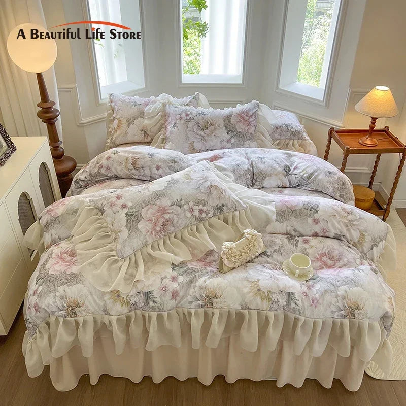 Decobites French Vintage Lace Princess Bedding Set with Floral Print Quilt Cover