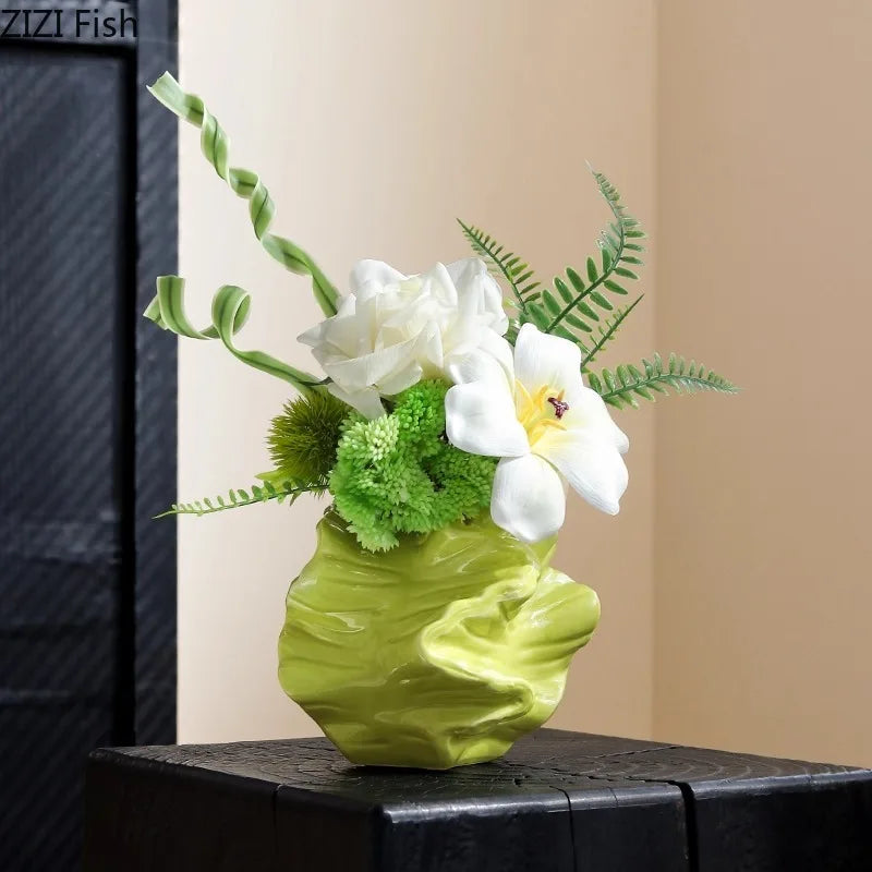 DecorBites™ Green Ceramic Vase: Unique Plant Pot for Stylish Room Decor