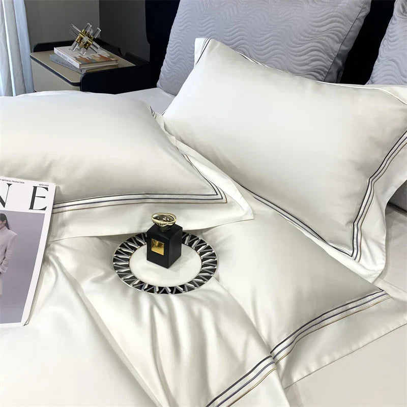 Decobites Luxury Egyptian Cotton Embroidery Bedding Set - Soft & Silky Pearl White