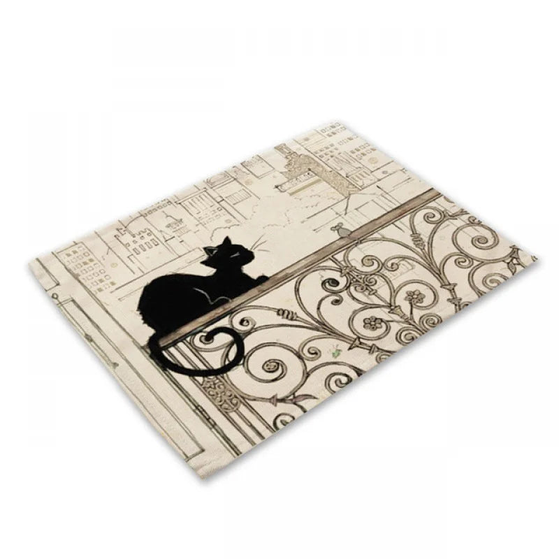 DecorBites™ Black Cat Linen Placemat Set for Dining Table & Kitchen Decor