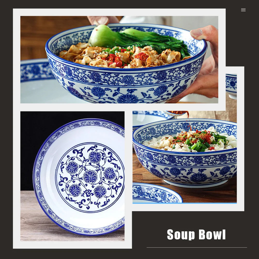 DecorBites™ Blue and White Ceramic Soup Bowl - Perfect for Noodles and Soups