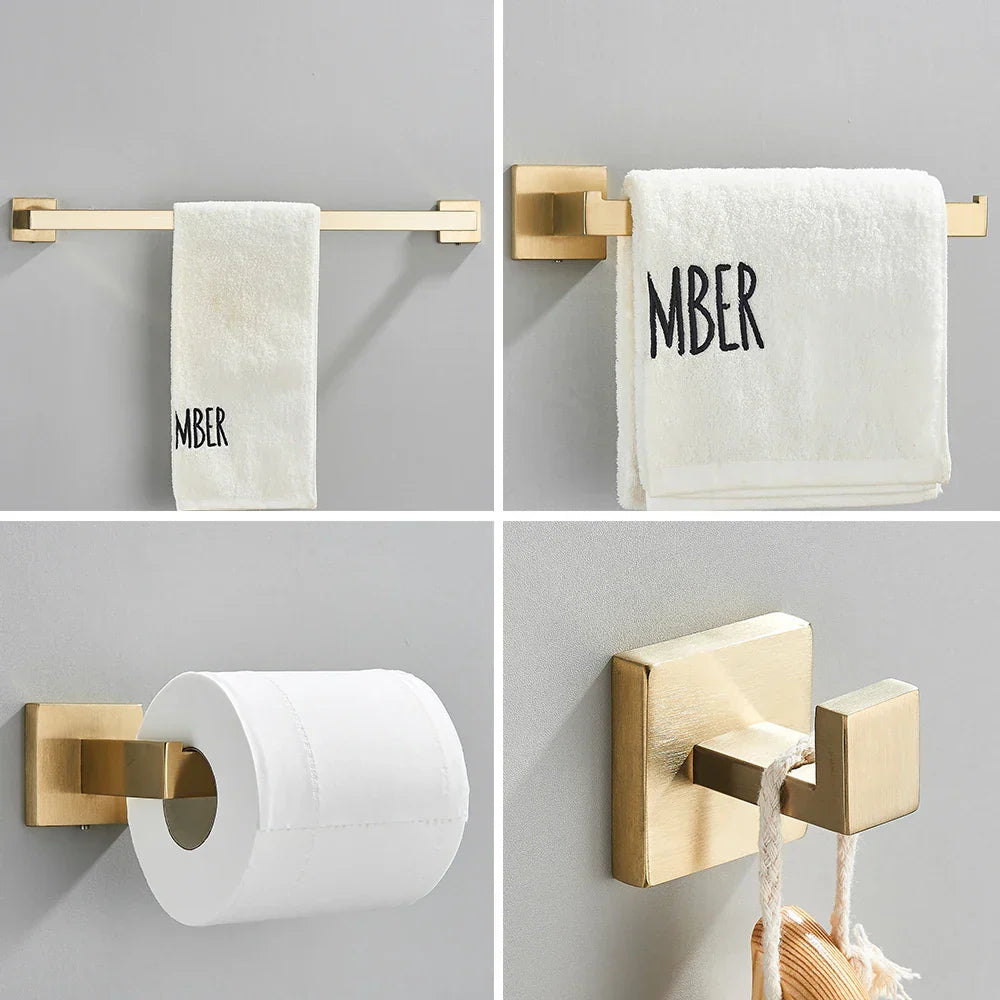 DecorBites™ Brushed Gold Stainless Steel Bathroom Accessories Set: Toilet Wall Towel Bar, Paper Holder, Hook