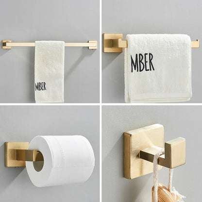 DecorBites™ Brushed Gold Stainless Steel Bathroom Accessories Set: Toilet Wall Towel Bar, Paper Holder, Hook