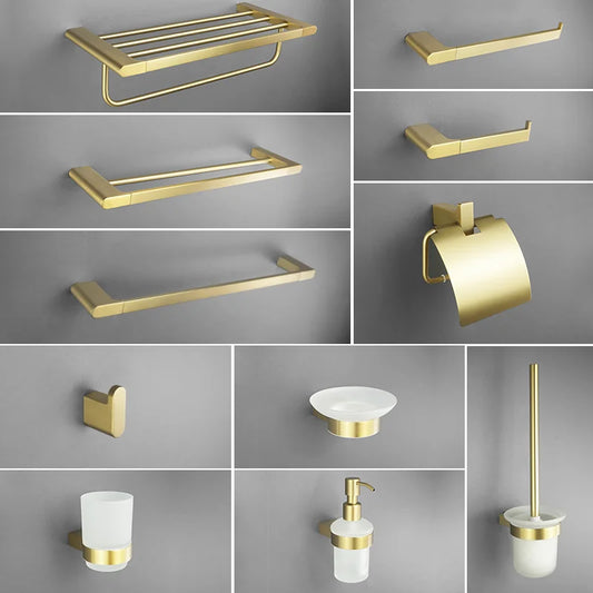 DecorBites™ Gold Bathroom Accessories Set: Towel Bar Rail, Toilet Paper Holder, Towel Rack, Hook