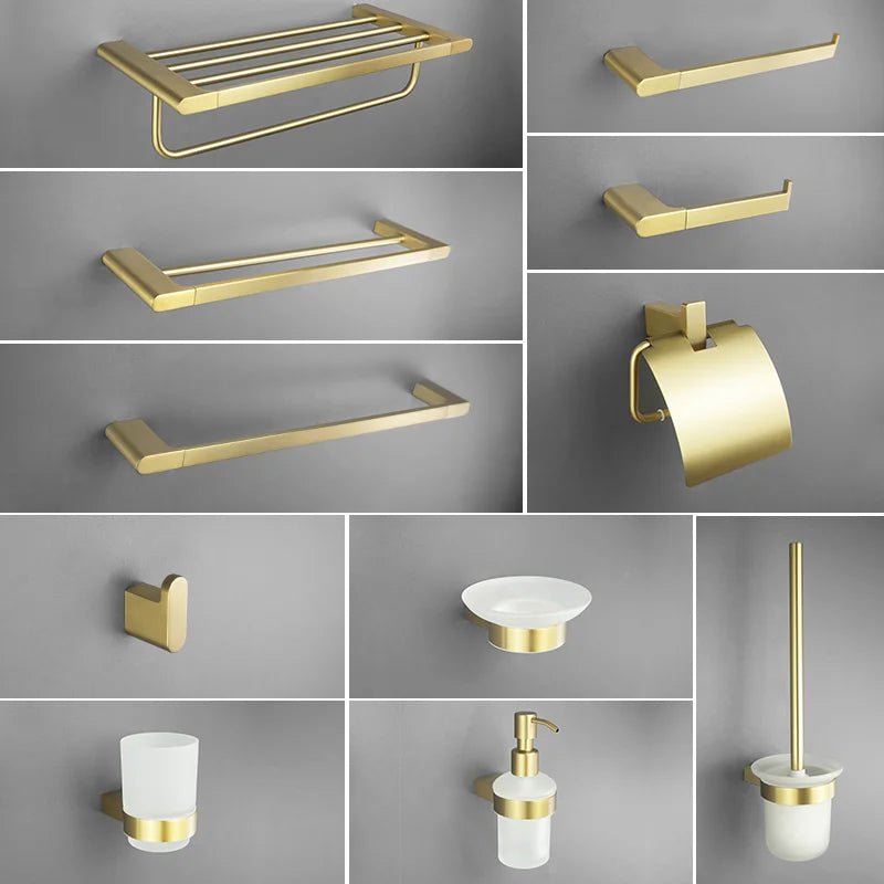 Conjunto de Accesorios de Baño Decorbites™ Gold: Barra de Toallas, Soporte para Papel Higiénico, Estante de Toallas, Gancho