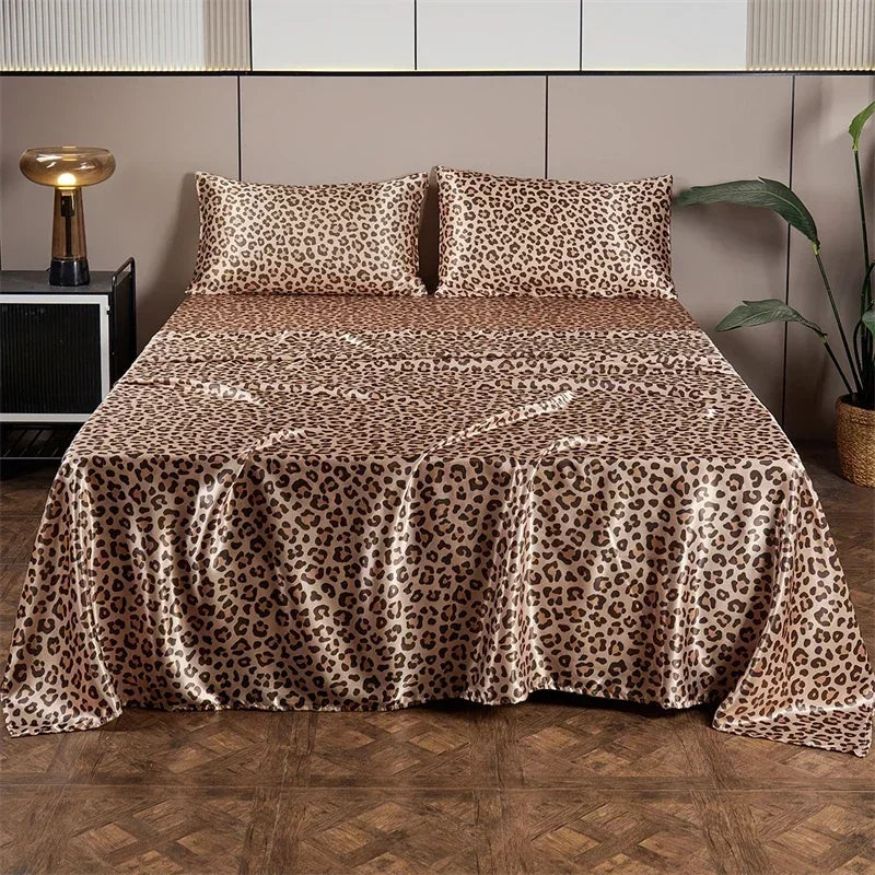 Luxury Satin Leopard Print Bed Sheet Set by Decobites - Queen/King Size