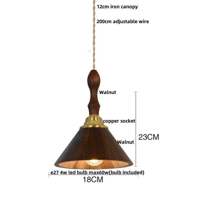 DecorBites™ LED Pendant Lamp: Japan Style, Copper Socket, Walnut Wood, Adjustable Hanging Light