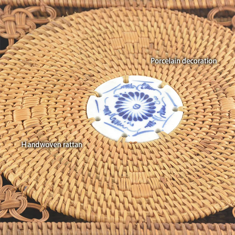 DecorBites™ Handwoven Rattan Storage Box with Lid Chinese Knot Ornament for Kitchen Organization