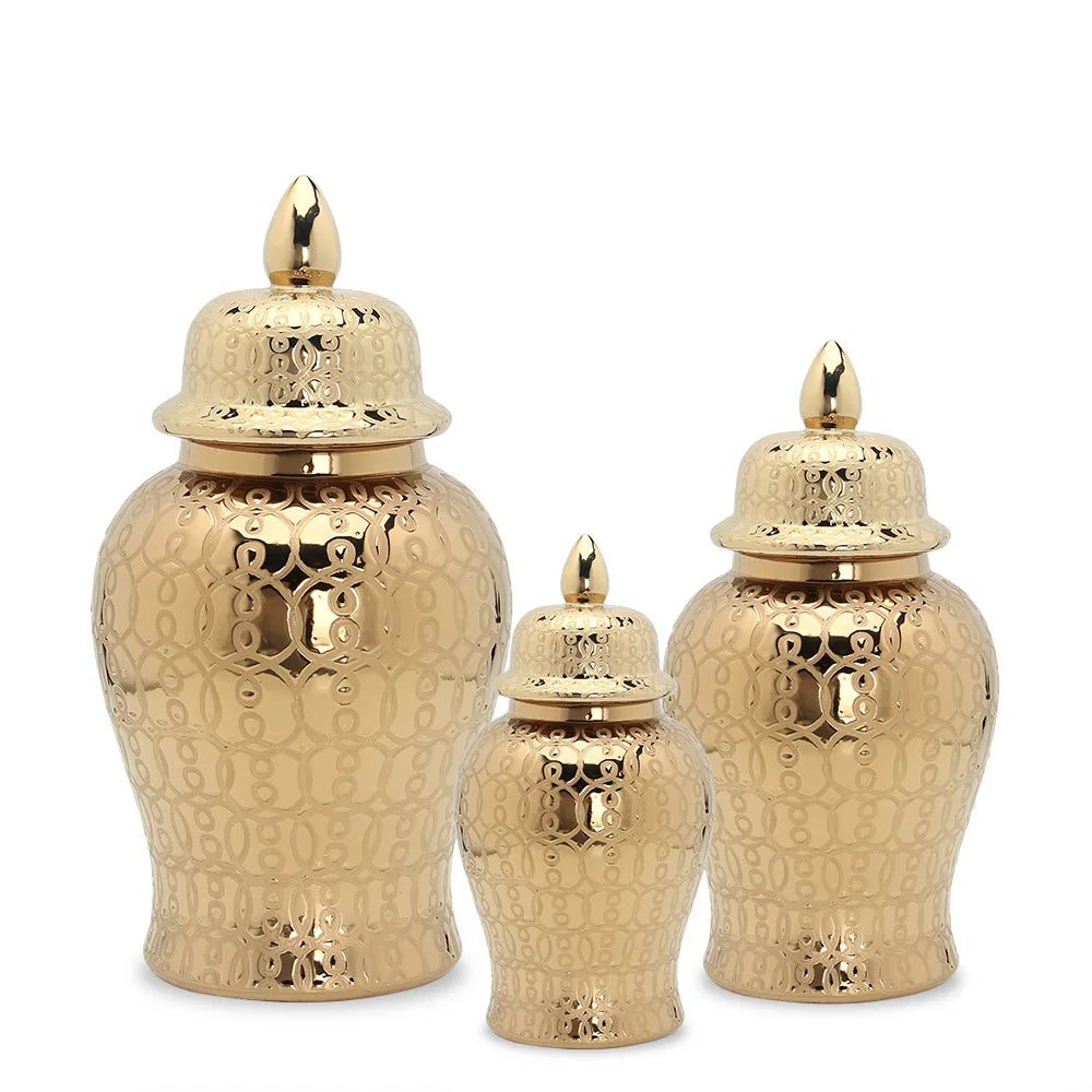 DecorBites™ Golden Pattern Porcelain Ginger Jar Vase with Lid for Home Decor