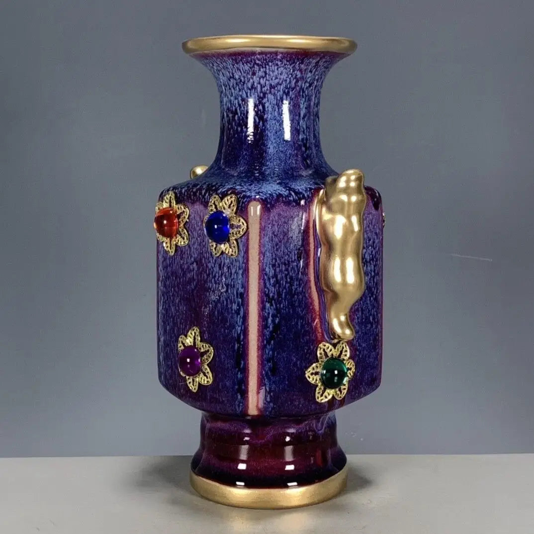 DecorBites™ Jun Porcelain Gilded Gemstone Inlaid Vase - Chinese Living Room Ornaments