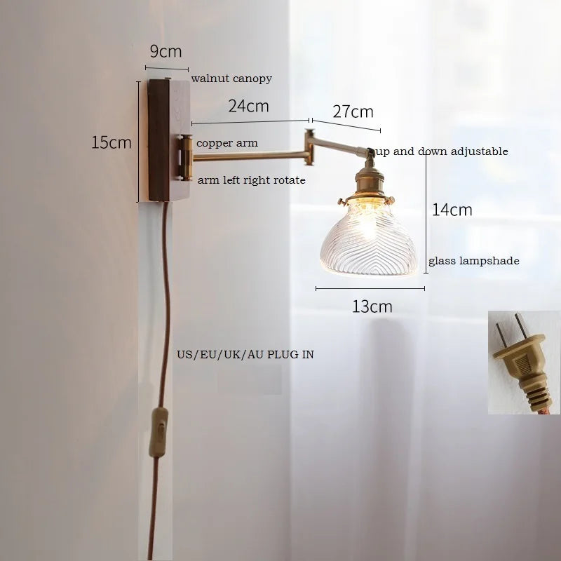 DecorBites™ Clear Glass Copper LED Wall Light with Pull Chain Switch & Walnut Wood Canopy