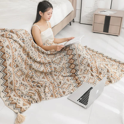 DecorBites™ Bohemian Knitted Oat White Tassel Blanket - Home Office Air Conditioning Nap Decor