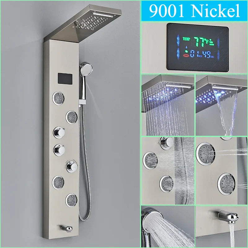 DecorBites™ LED Shower Panel Column Faucet with Rainfall Waterfall, Back Jet, Mixer Tap