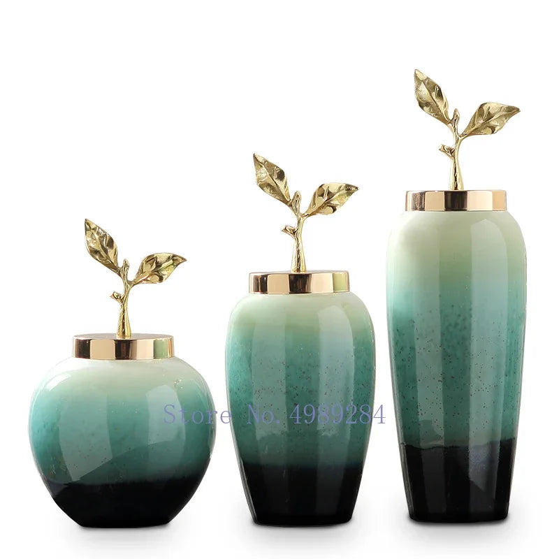DecorBites™ Gradient Ceramic Vase with Golden Leaves Cover for Modern Home Decor and Weddings