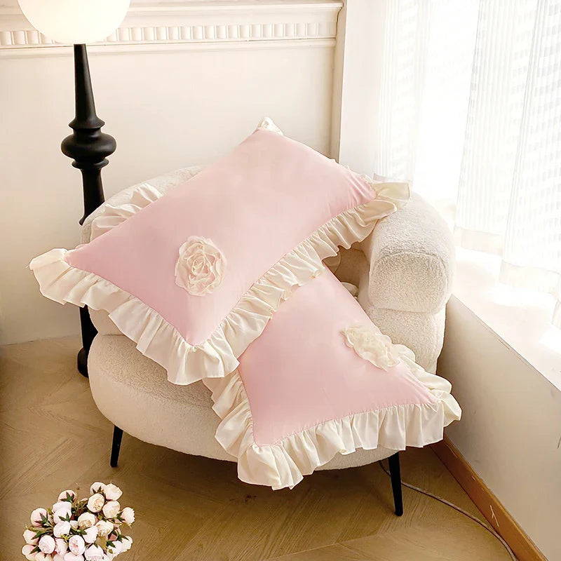 Decobites Pink Stereoscopic Bedding Set: Handwork Flowers Embroidery, Ruffle, Korean Style