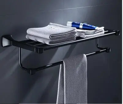 مجموعة أدوات الحمام المصنوعة من الألومنيوم الأسود من DecorBites™: حامل مناشف، حامل ورق، رف زاوية، رف مناشف، حامل فرشاة المرحاض