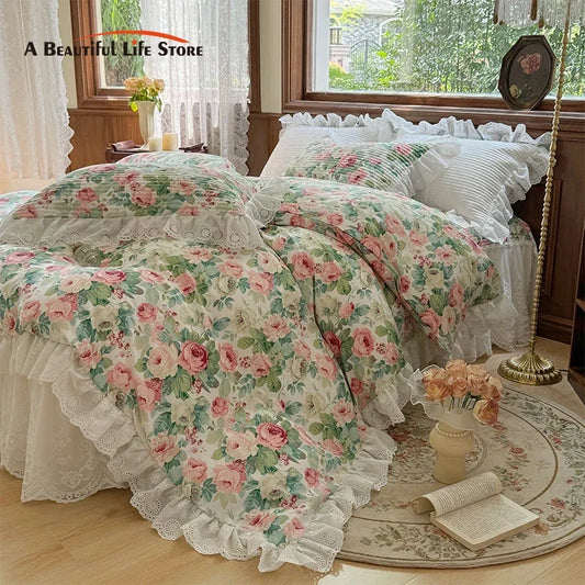 Decobites Floral Print Cotton Princess Bedding Set with Vintage Lace Details