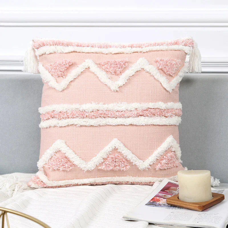 DecorBites™ Boho Pink Geometric Tufted Tassel Pillow Covers 30x100cm - Decorative Double Pillows