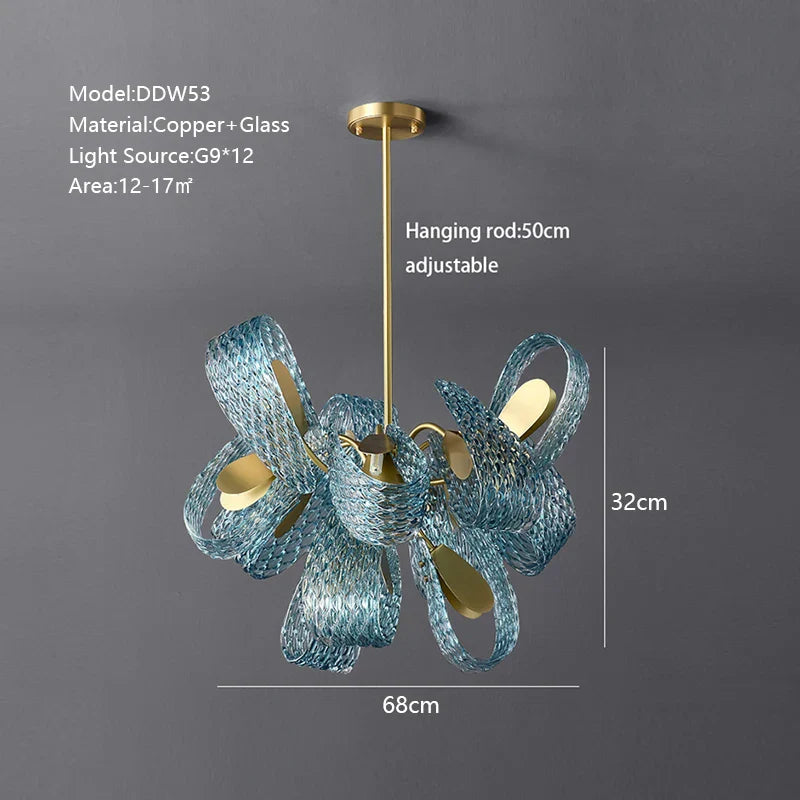 DecorBites™ LED Art Deco Blue Peacock Leaf Copper Ceiling Chandelier for Living Room