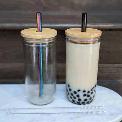 DecorBites™ Glass Boba Smoothie Cup with Bamboo Lid & Stainless Steel Straw