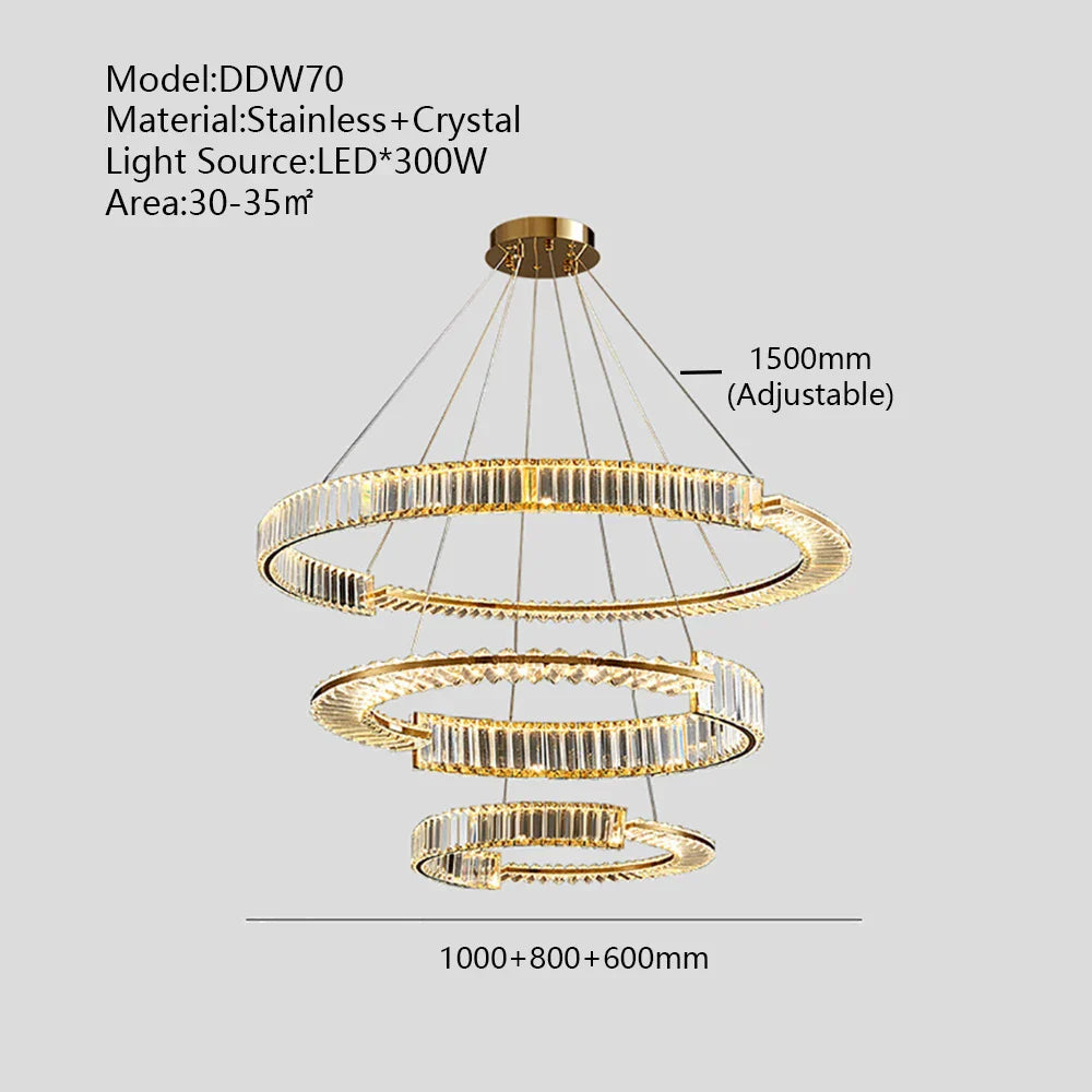 Lámpara de araña LED DecorBites™ con anillo de cristal dorado para una decoración minimalista y lujosa del hogar.