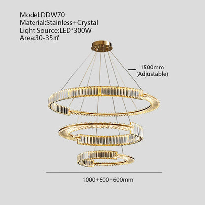 Lámpara de araña LED DecorBites™ con anillo de cristal dorado para una decoración minimalista y lujosa del hogar.