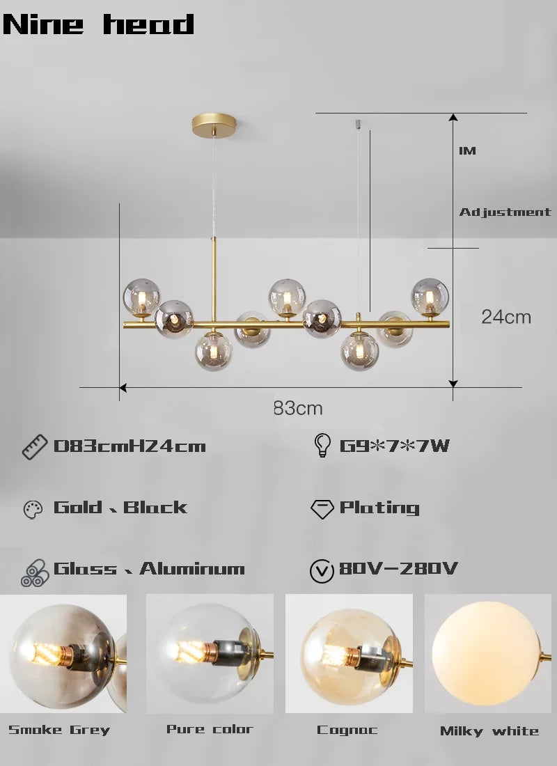Lámpara colgante LED de bola de vidrio dorado Decorbites™ con 11 cabezales para cocina y comedor