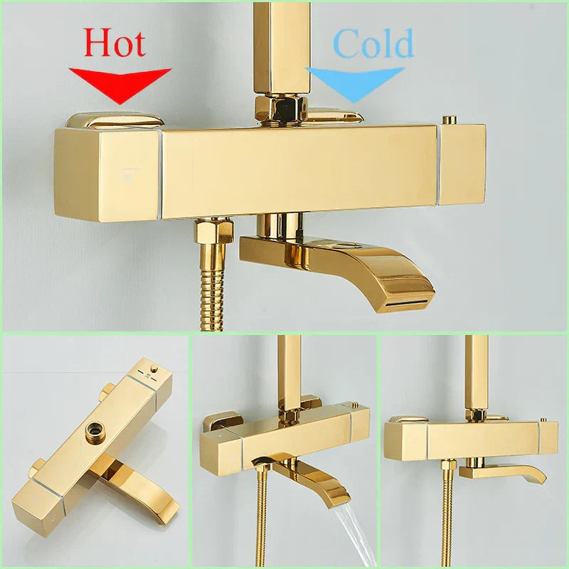 DecorBites™ Golden Thermostatic Shower Faucet Set with Rainfall Shower Column and 3-Way Mixer