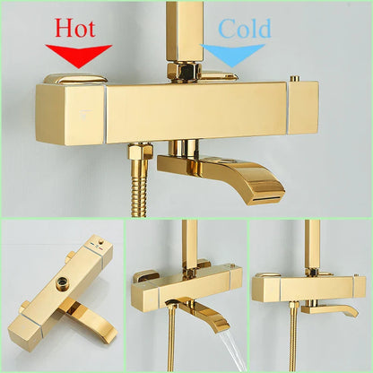 DecorBites™ Golden Thermostatic Shower Faucet Set with Rainfall Shower Column and 3-Way Mixer