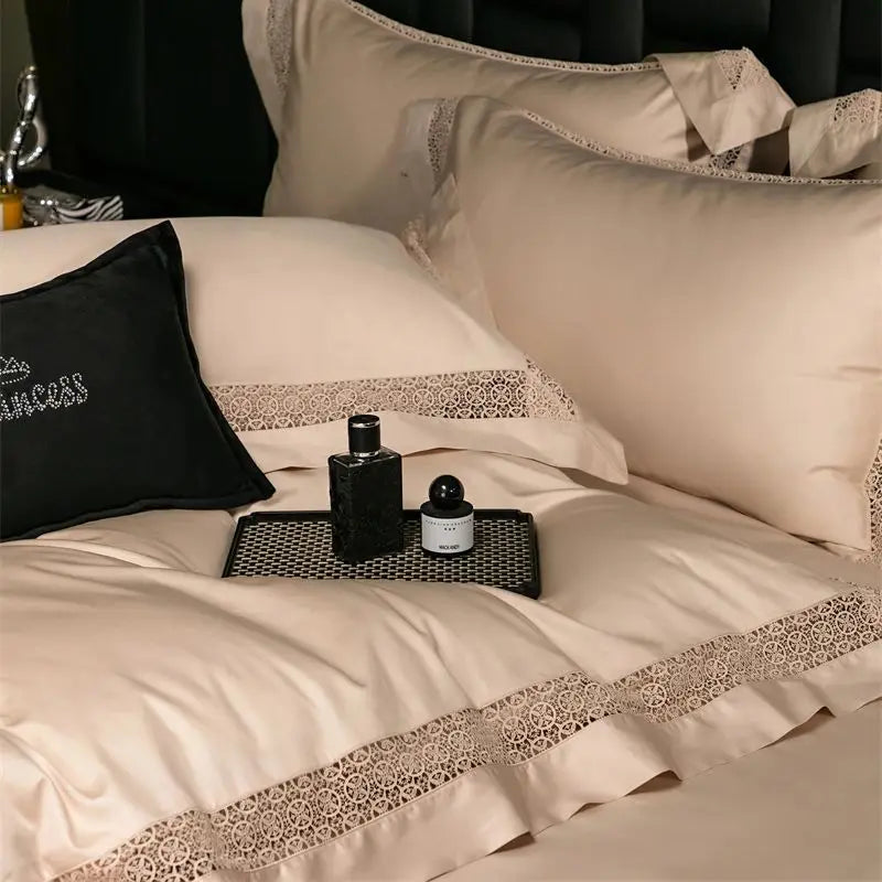 Decobites Luxury Lace Edge Bedding Set: Queen King Duvet Cover, Bed Sheet, Pillowcase