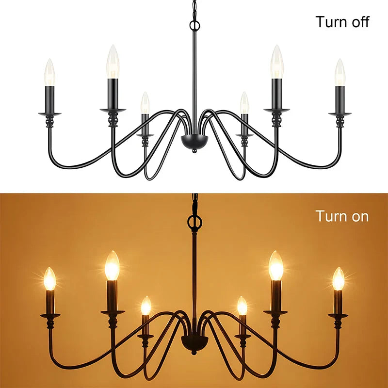DecorBites™ Black 6-Light Chandelier, Wrought Iron Farmhouse Pendant Light, Classic Candle Fixture