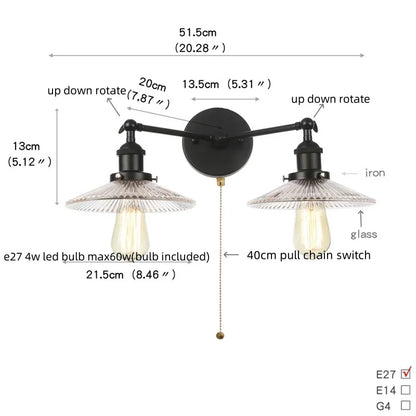 DecorBites™ Industrial LED Wall Light Fixture with Pull Chain Switch, 2 Heads Bedside Lamp