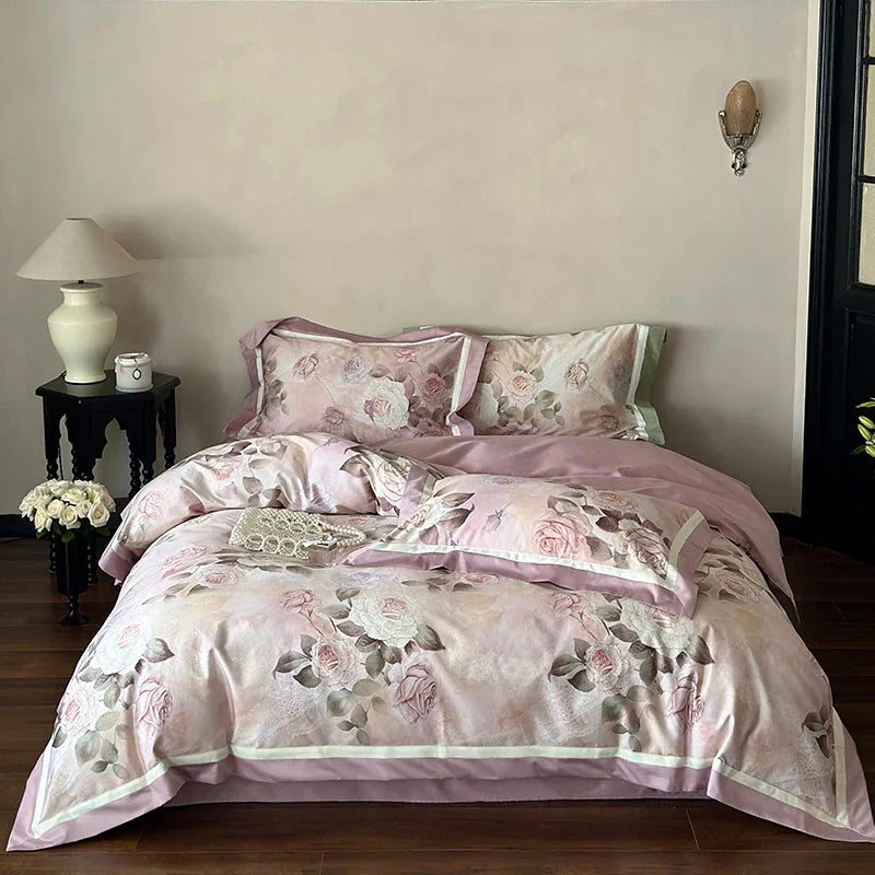 Decorbites™-Ägyptische-Baumwoll-Bettwäsche-Set mit französischem Rosenblumenmuster und vintage Charme