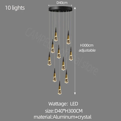 Lámpara de araña de cristal DecorBites™ con luz LED para escaleras, ideal para salas de estar, cocinas y restaurantes elegantes.