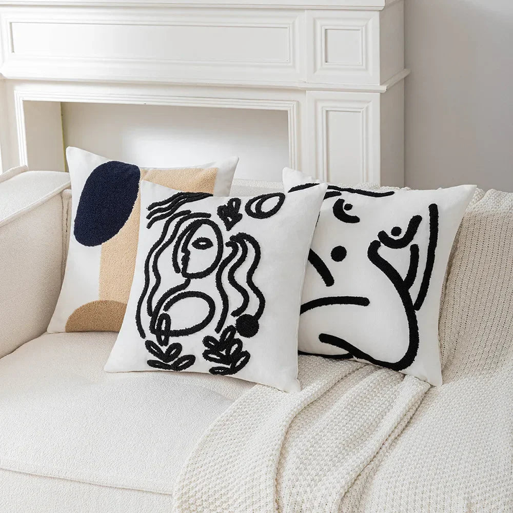 DecorBites™ Abstract Art Line Cushion Cover Plush Embroidered Pillowcase