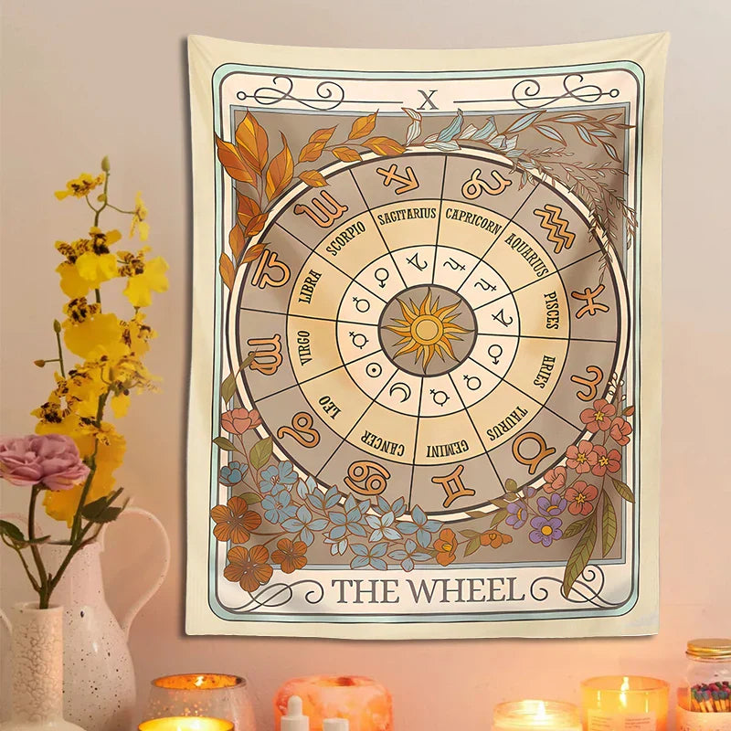 Decobites Wheel of Fortune Tarot Tapestry: Zodiac Astrology Celestial Wall Hanging Art