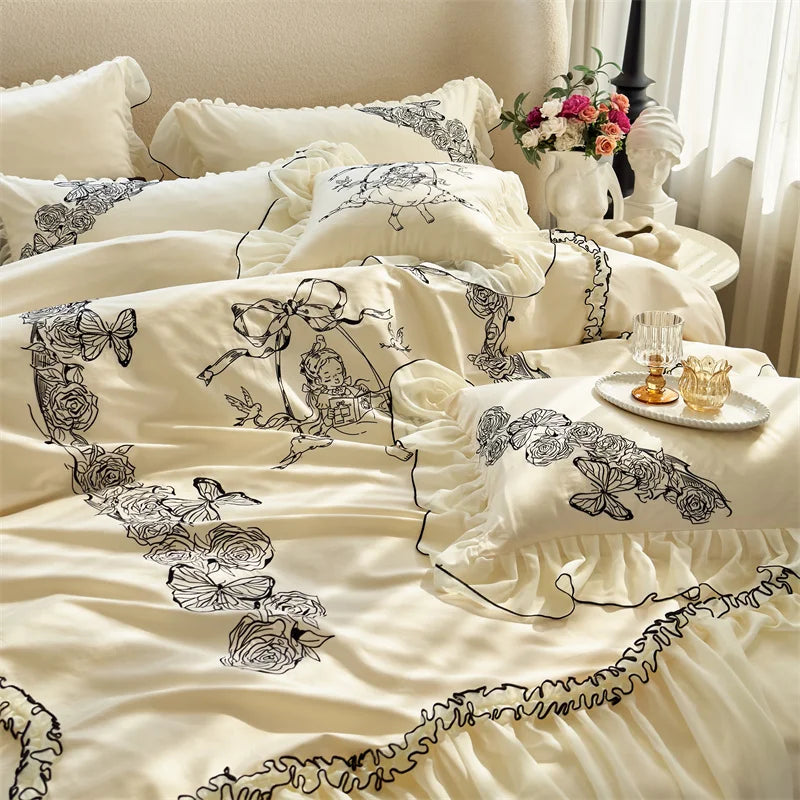 Decobites Vintage Rose Butterfly Lace Ruffles Princess Bedding Set: 100S Egyptian Cotton