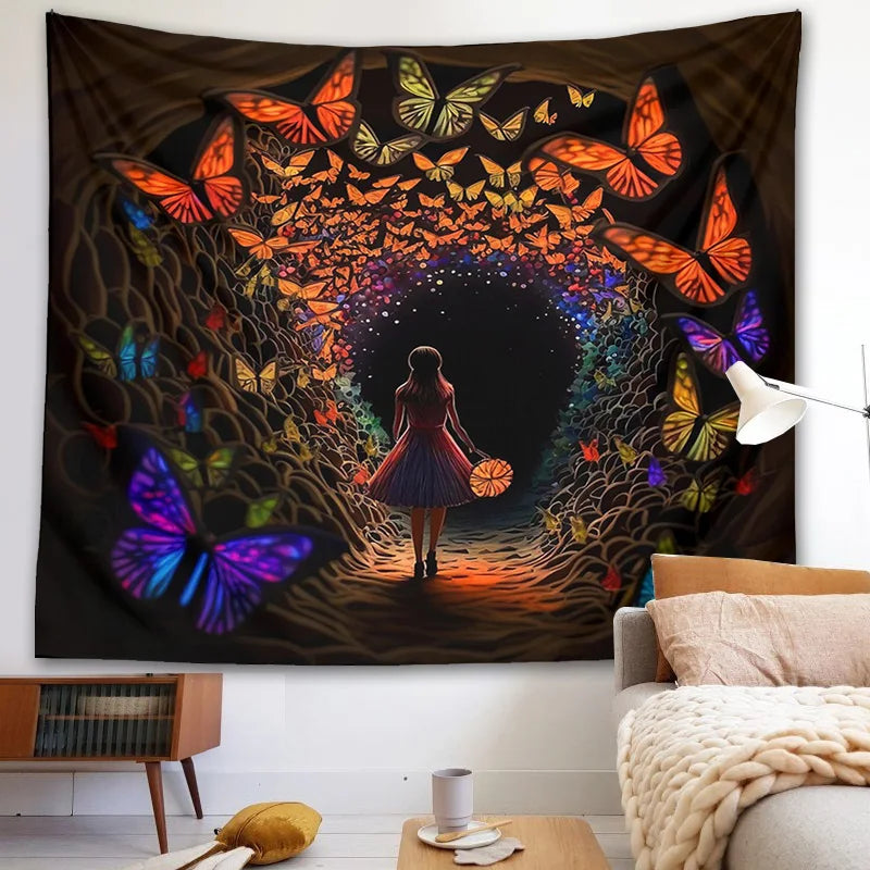 Decobites Psychedelic Girl Tapestry Wall Hanging Butterfly Cave Boho Colorful Decor