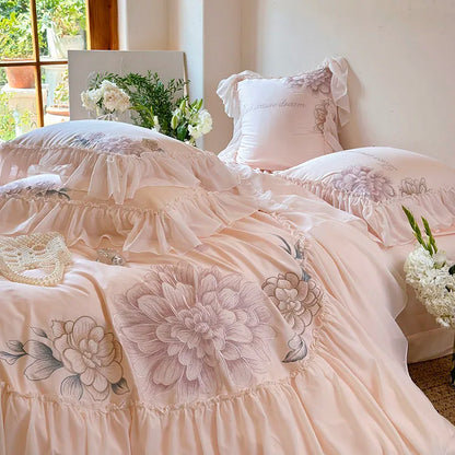 Decobites Pink Flowers Lace Ruffles Princess Bedding Set, 1200TC Egyptian Cotton Duvet Cover