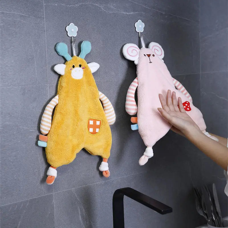 DecorBites™ Cartoon Animals Hand Towel: Soft Coral Fleece, High Absorbency, Skin Friendly Kids' Towel