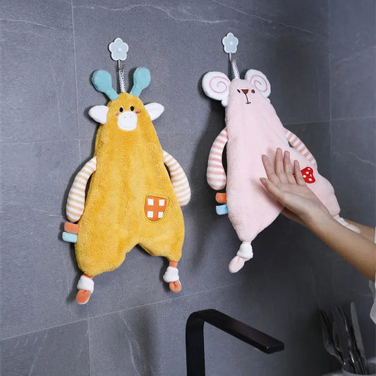 DecorBites™ Cartoon Animals Hand Towel: Soft Coral Fleece, High Absorbency, Skin Friendly Kids' Towel
