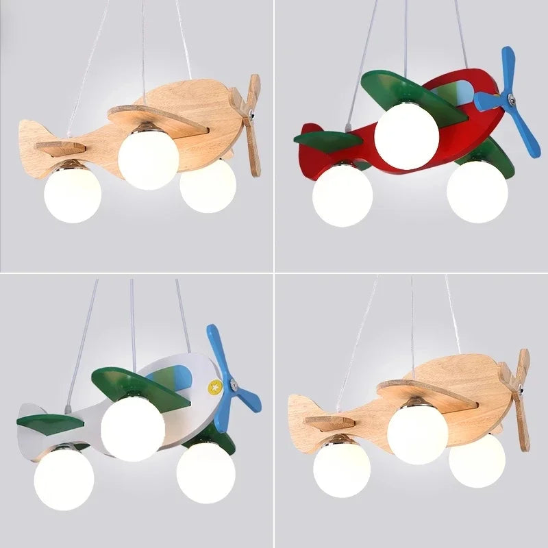 DecorBites™ Kids Wood Airplane Chandelier LED Nursery Aircraft Suspension Lights