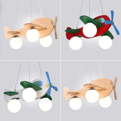 DecorBites™ Kids Wood Airplane Chandelier LED Nursery Aircraft Suspension Lights