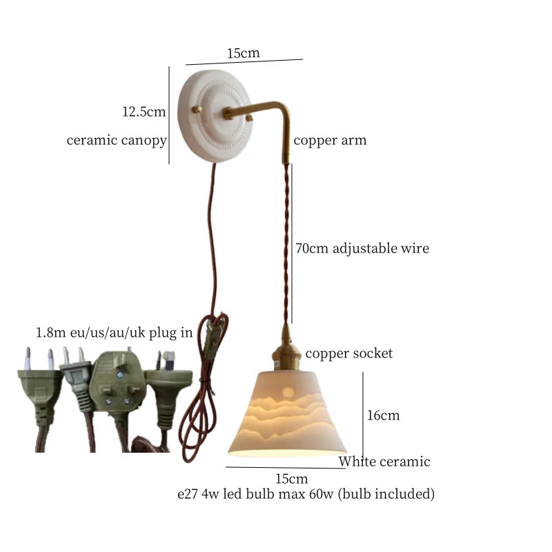 DecorBites™ مصباح حائط LED قابل للتعديل مخطط من السيراميك والنحاس ومرآة بجانب السرير