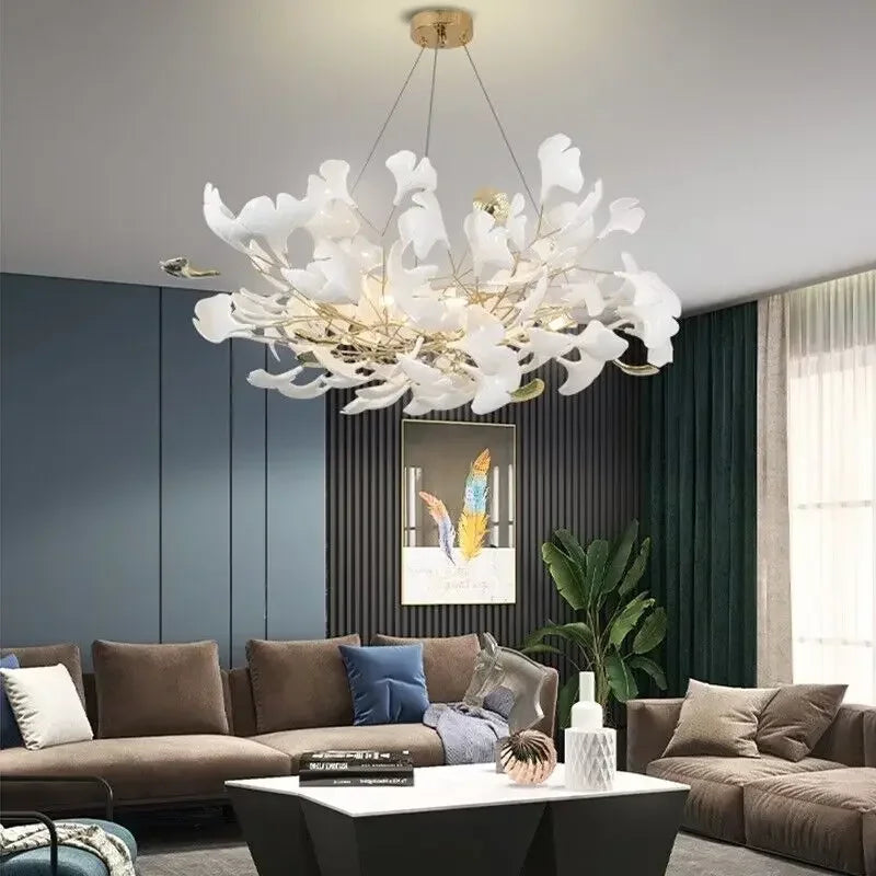 DecorBites™ Leaf Branch Ceramic Chandelier | Modern Golden Lighting Fixture for Living Room